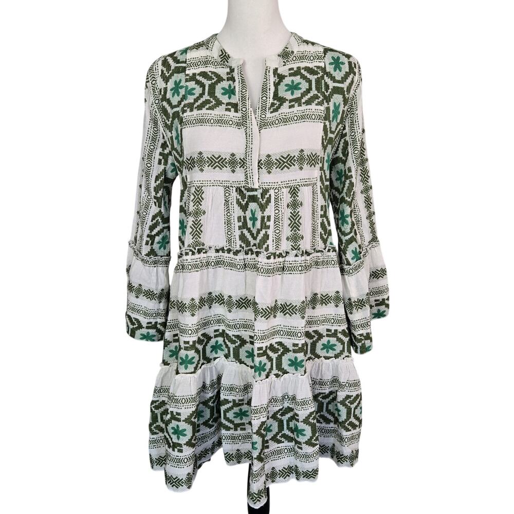 Elan Festival Cotton Cover Up Babydoll Sundress Resort Boho Green White Sz M